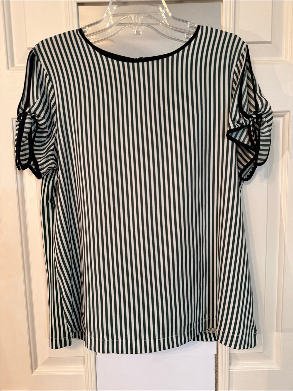 Ann Taylor Black and White Vertical Stripe Tie-Sleeve Blouse